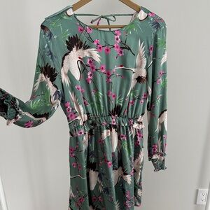 Zara Teal Green Crane & Pink Blossom Long Sleeve Dress